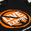 Live export graphic on front of black tee