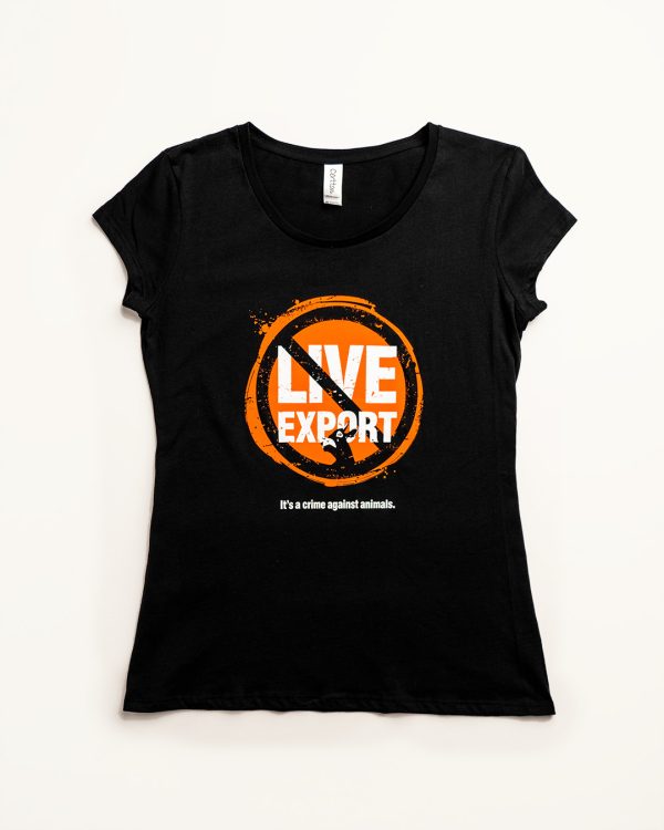 Live export graphic on front of fitted black tee