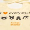 Front of ecru coloured baby bib. Orange Animals Australia logo. Cartoon images of a pig, kangaroo, chicken and fish face. Text - I "heart" everyone!