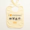 Front of ecru coloured baby bib. Orange Animals Australia logo. Cartoon images of a pig, kangaroo, chicken and fish face. Text - I "heart" everyone!