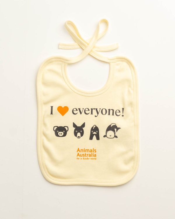 Front of ecru coloured baby bib. Orange Animals Australia logo. Cartoon images of a pig, kangaroo, chicken and fish face. Text - I "heart" everyone!