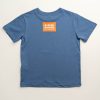 Back of blue kids shirt with orange Animals Australia logo