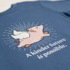 Blue kids shirt with a pic of a flying pig on it and the phrase 'A kinder future is possible.'