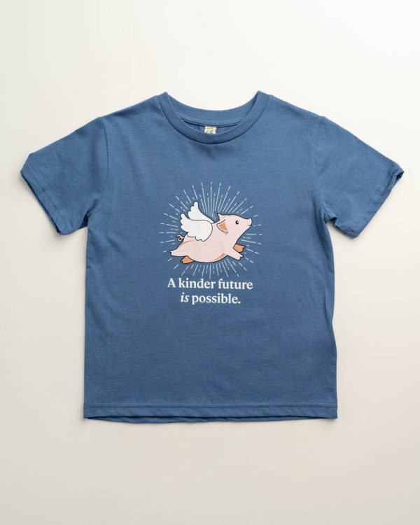 Blue kids shirt with a pic of a flying pig on it and the phrase 'A kinder future is possible.'