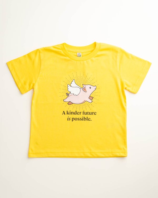 Yellow shirt with flying pig pic and quote - "A kinder future is possible."